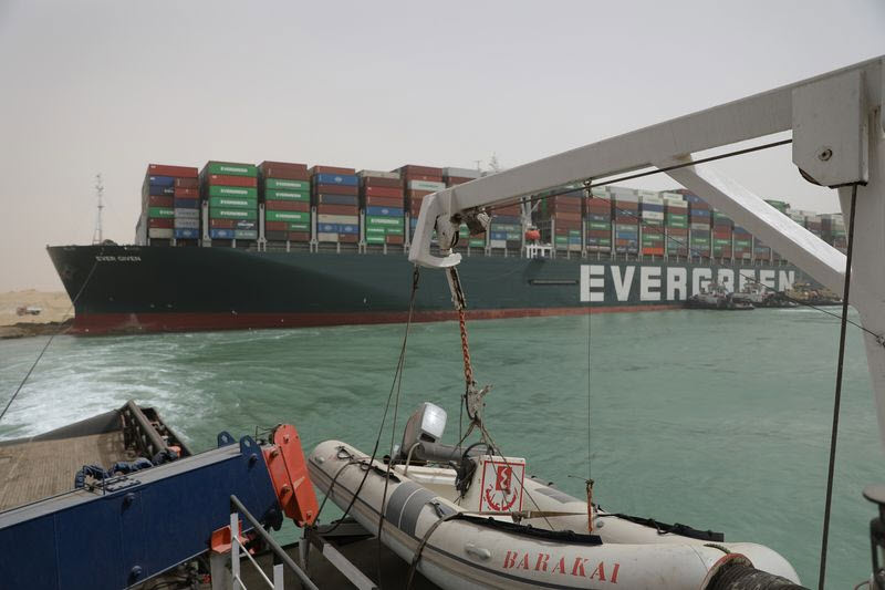 The stuck Ever Given container ship in the Suez Canal on March 25.