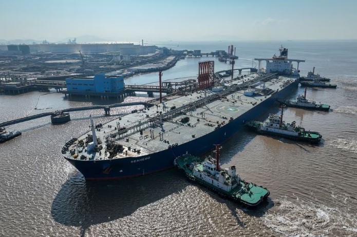 An areial view shows a crude oil tanker at an oil terminal off Waidiao iland in Zhoushan.