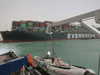 The stuck Ever Given container ship in the Suez Canal on March 25.