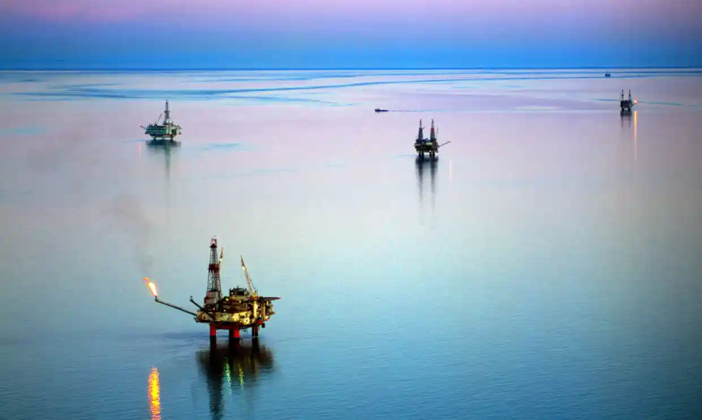 Oil rigs in the Cook Inlet oil field of Alaska.