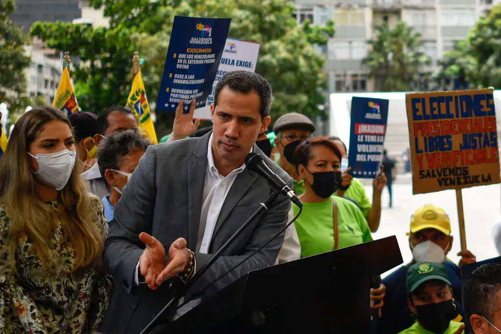 The former Venezuelan National Assembly president and opposition leader Juan Guaidó at a news conference in Caracas in March