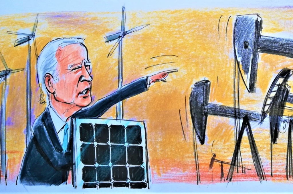 An illustration by Erhan Yalvaç shows U.S. President Joe Biden speaking on the U.S.' new energy policy road map.