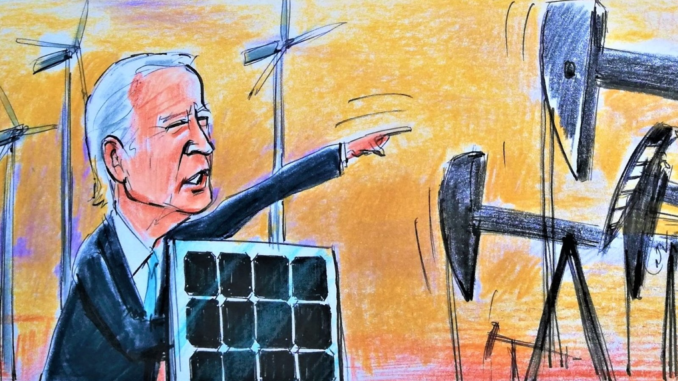 An illustration by Erhan Yalvaç shows U.S. President Joe Biden speaking on the U.S.' new energy policy road map.