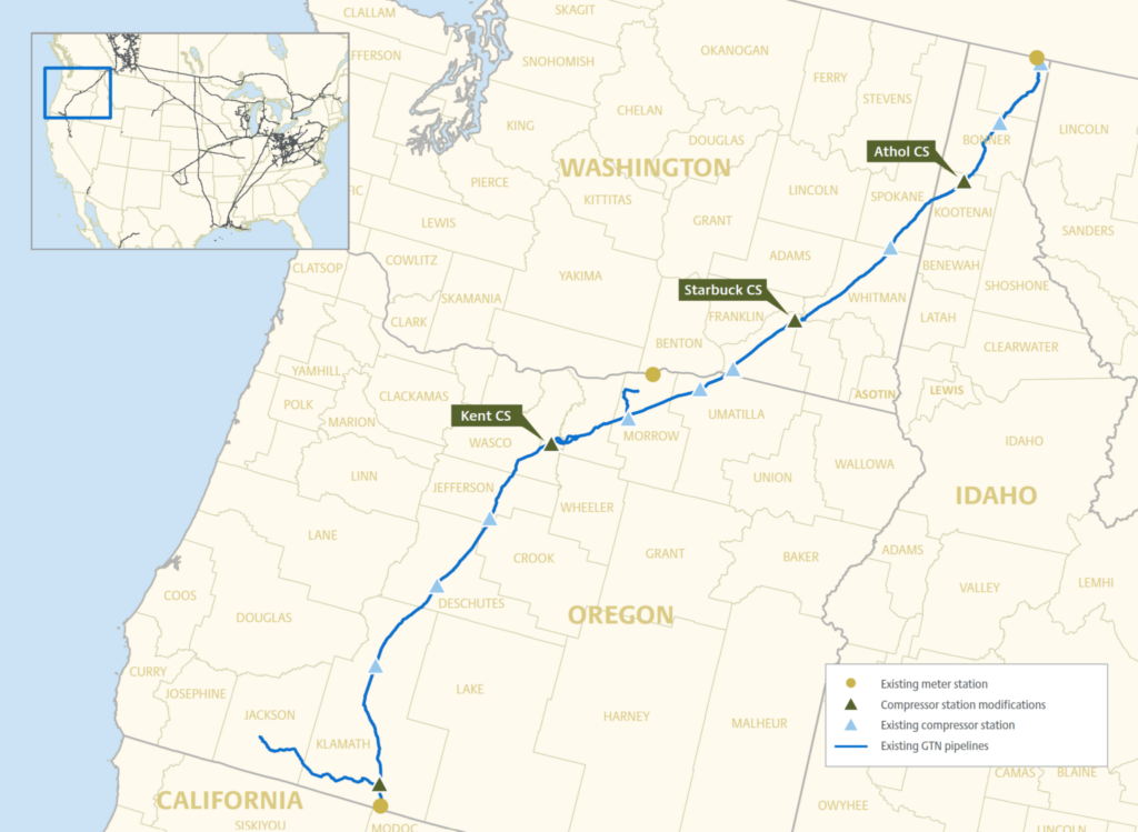  This map shows the Gas Transmission Northwest Express pipeline from the Idaho-Canada border to Southern Oregon. (Courtesy of TC Energy)