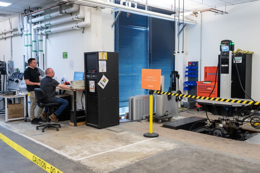 Engineers monitor a vibration and seismic shock station at ChargePoint's facility in San Jose. 