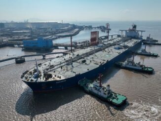 An areial view shows a crude oil tanker at an oil terminal off Waidiao iland in Zhoushan.