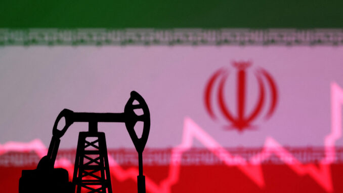 Illustration shows Iran flag, oil pump jack and stock graph Oil