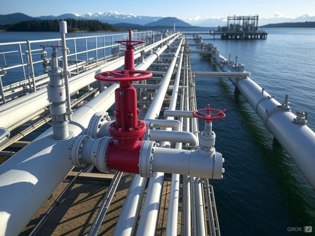 A receiving platform at the export terminal for the Coastal GasLink natural gas pipeline under construction in Kitimat - created by Grok on X
