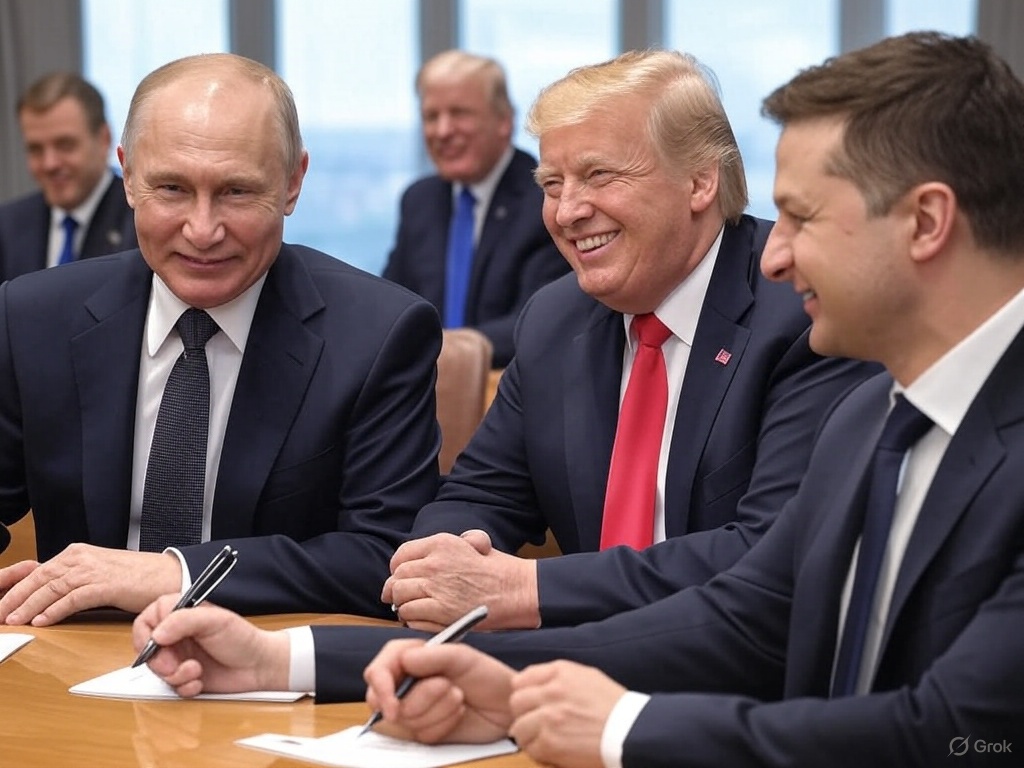 Putin Trump and Zelensky created by Grok on X