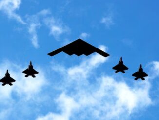 July 4 2020, file photo US Air Force B-2 flanked by US Marine Corps F-35