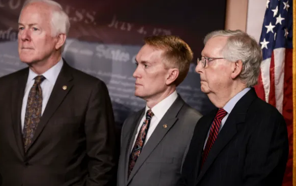 John Cornyn (R-TX) and James Lankford (R-OK) stand proudly with their guru, Mitch McConnell (R-KY)