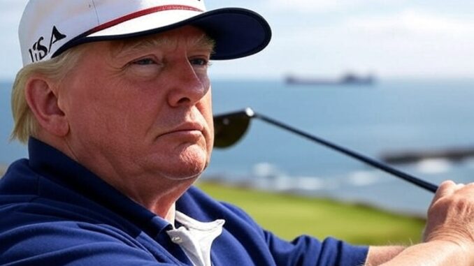 Trump playing golf with tankers in the background, created by Grok on X Trump playing golf with tankers in the background, created by Grok on X