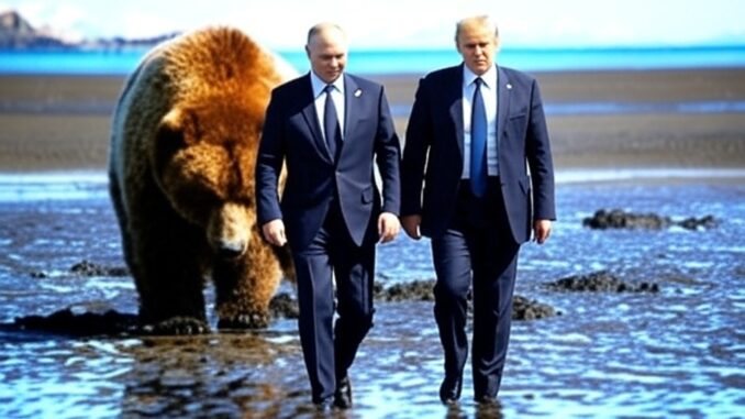 President Trump and President Putin walking their new joint Bear created by Grok on X