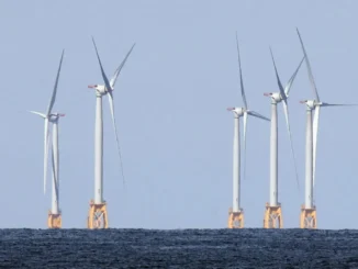 A general view of wind turbines in Block Island Sound on July 8 east of Montauk, New York